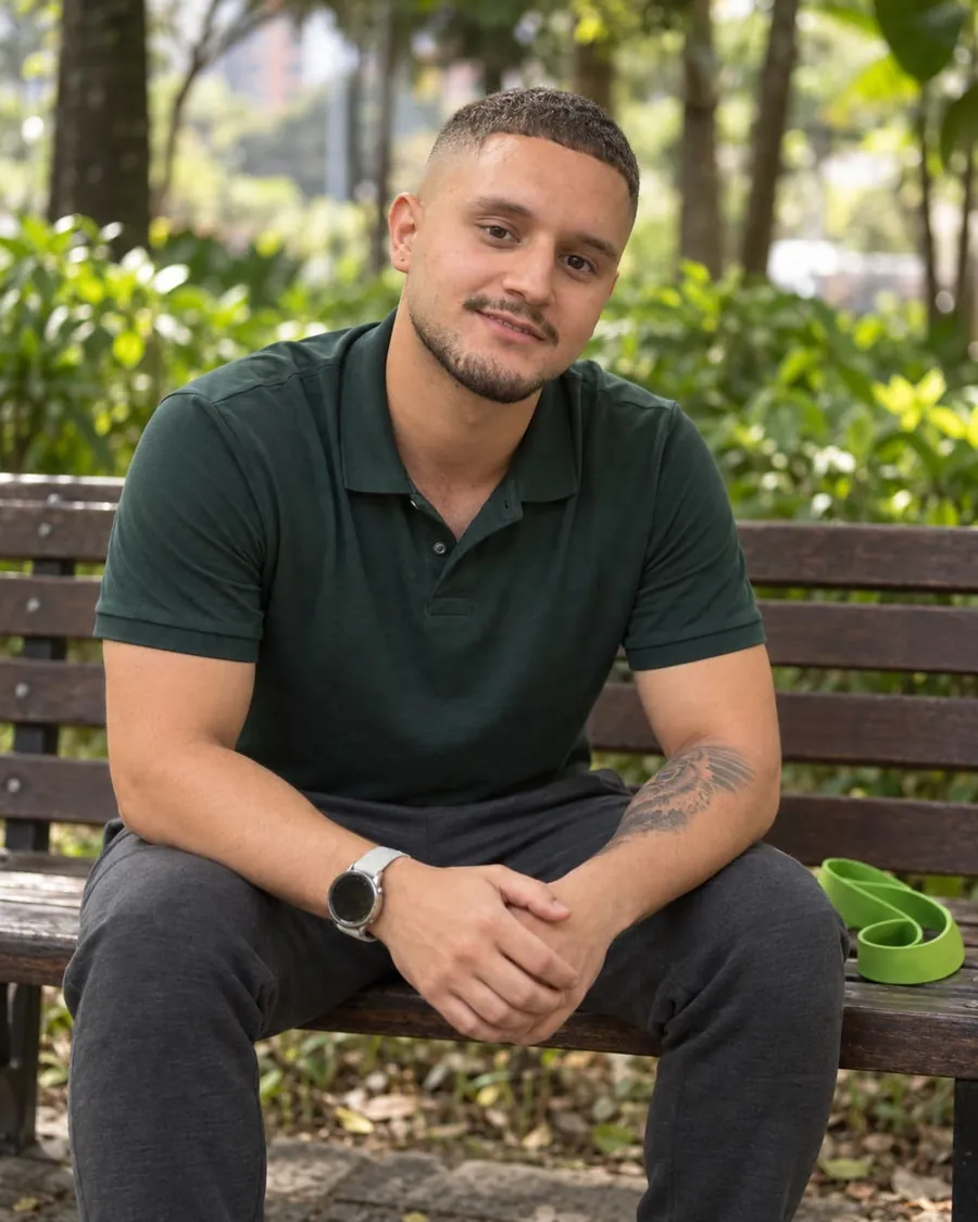 Camilo Serna sentado en una banca de un parque, sonriendo, con una banda elástica a su lado